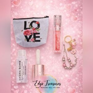 Valentine Love Glam Bundle: Makeup Bag with Lip Oil, Gloss, Bracelet & Keychain